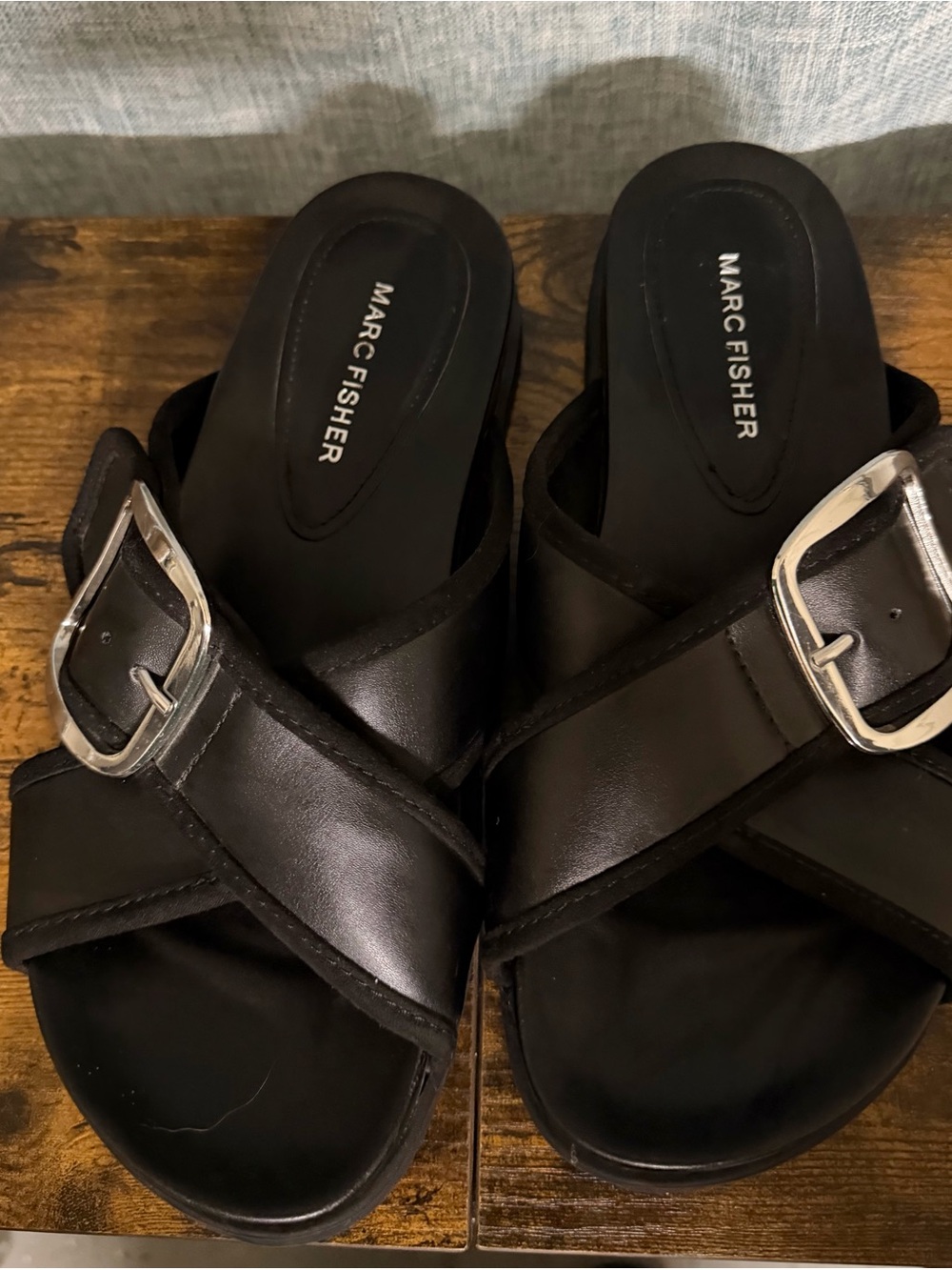Marc Fisher Black Leather Cross-Band Slide Sandals with Silver Buckles